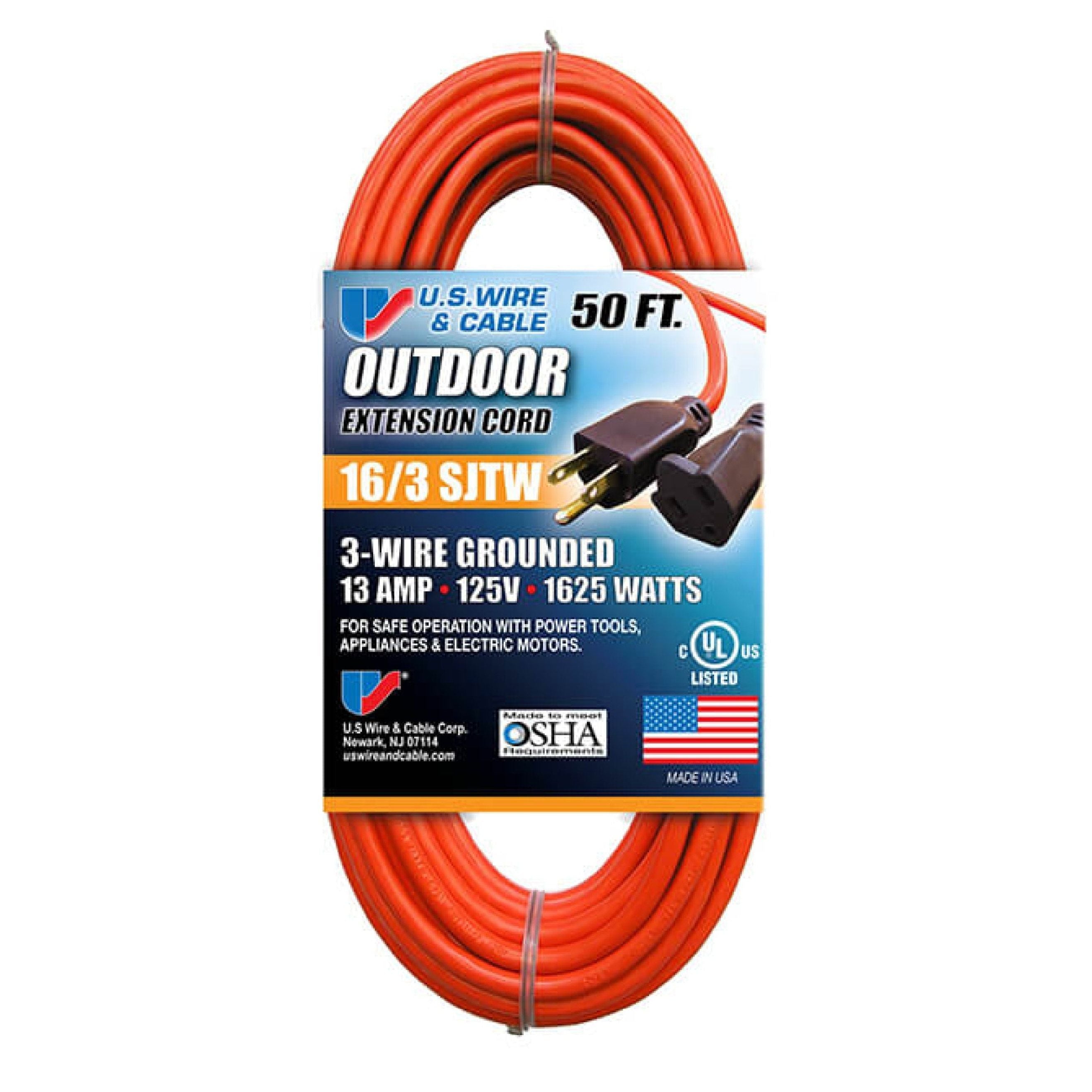 An orange 50-foot extension cord with a coiled design and a three-prong plug. Label reads: USW, 16/3 SJTW, 13 Amp, 125V, 1625 Watts, 3-Wire Grounded, UL Listed, OSHA. Suitable for both indoor and outdoor use with power tools and electric motors. Made in the USA.
Product Name: USW 60050 Orange 50 ft. Extension Cord Indoor/Outdoor 13A